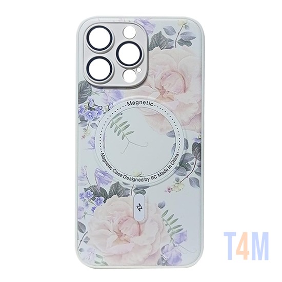 Capa Magnética com Desenho de Flores para Apple iPhone 14 Pro Max Branco